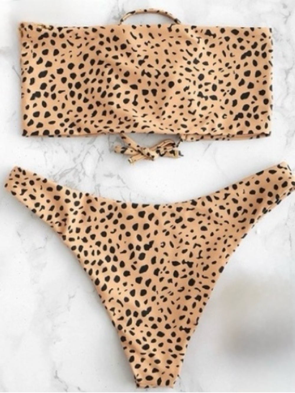ZAFUL Leopard Print Strapless Bikini Set in Tan and Black